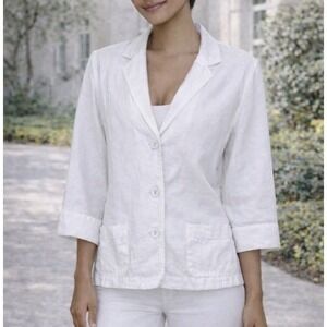 Eileen Fisher White Raw 100% Linen Button Down 3/4 Sleeve Blazer Jacket L